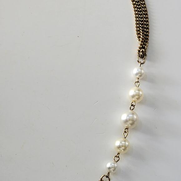 Vintage Faux Pearl Gold Tone Necklace Multi Strand Chain Elegant Costume Jewelry - Picture 3 of 10